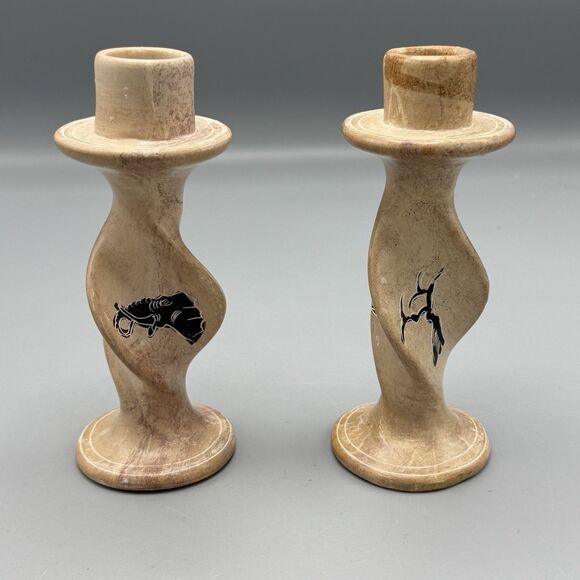 Vtg Carved Handpainted Soapstone Twisted Candlestick Holders Elephant Rhinoceros - Picture 4 of 8